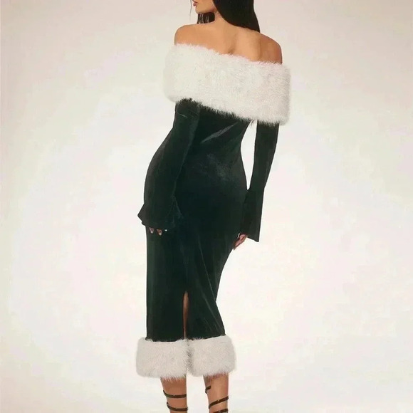 Black Elegant Women's Furry Patchwork Long Sleeve Off-Shoulder Casual Midi Dress - Picture 2 of 6